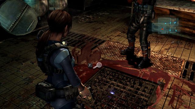 W pomieszczeniu za drzwi znajduje się duża zakrwawiona krata - W głębiny - część I | Epizod 1 | Resident Evil Revelations - Resident Evil: Revelations - poradnik do gry