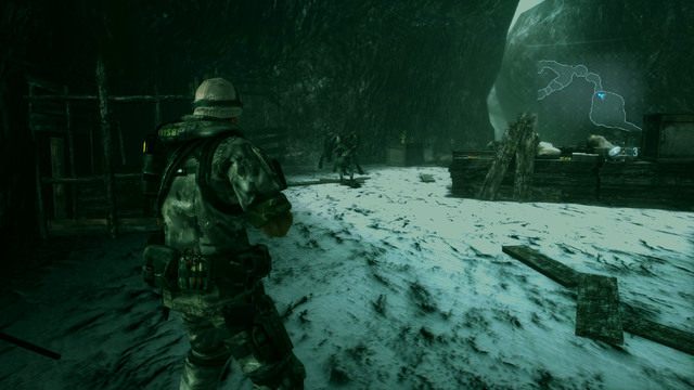 Pierwszego wabika rzuć w stronę wilków, które zaatakują cię z lewej strony zaraz po zeskoczeniu do większej pieczary - Podwójna zagadka - część I | Epizod 2 | Resident Evil Revelations - Resident Evil: Revelations - poradnik do gry