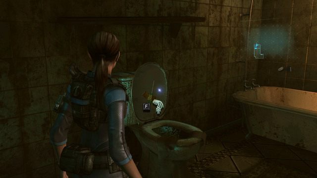 Znajdziesz tam zielone ziele oraz ukryty pod klapą muszli klozetowej śrubokręt - Podwójna zagadka - część II | Epizod 2 | Resident Evil Revelations - Resident Evil: Revelations - poradnik do gry