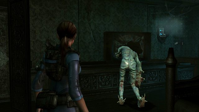 Bestia wbije się głową w ekran, a ty będzie mógł bezpiecznie podejść do drzwi wyjściowych - Podwójna zagadka - część II | Epizod 2 | Resident Evil Revelations - Resident Evil: Revelations - poradnik do gry