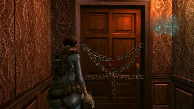 Naprzeciwko dawnego więzienia powinieneś zobaczyć zamknięte łańcuchem drzwi - Podwójna zagadka - część II | Epizod 2 | Resident Evil Revelations - Resident Evil: Revelations - poradnik do gry