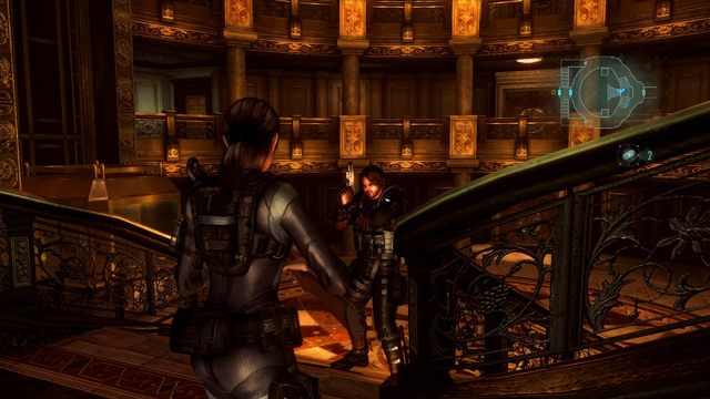 Gdy znajdziesz się w dużym oświetlonym hallu, udaj się na jego przeciwległy koniec i przyjrzyj kartce pozostawionej obok drzwi - Duchy Veltro - część II | Epizod 3 | Resident Evil Revelations - Resident Evil: Revelations - poradnik do gry