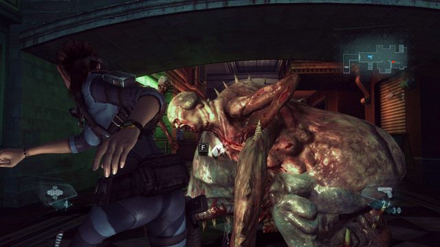 Dobrym sposobem na oszczędzenie amunicji, jest korzystanie z kopnięć, gdy bestia jest ogłuszona eksplozją - Duchy Veltro - część II | Epizod 3 | Resident Evil Revelations - Resident Evil: Revelations - poradnik do gry