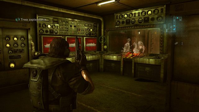 Gdy dobiegnie końca, przejdź przez drzwi z prawej i biegnij cały czas prosto, aż do zaznaczonej na mapie maszynownie - Kot i Mysz - część I | Epizod 6 | Resident Evil Revelations - Resident Evil: Revelations - poradnik do gry