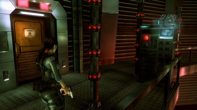 Za kolejnymi laserami znajduje się przycisk wyłączający wszystkie blokady - Bez wyjścia - cześć II | Epizod 9 | Resident Evil Revelations - Resident Evil: Revelations - poradnik do gry