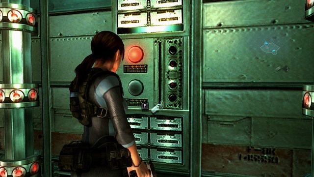 Z pomocą Genesis przedostań się miedzy blokadami do przełącznika i wciśnij przycisk - Bez wyjścia - cześć II | Epizod 9 | Resident Evil Revelations - Resident Evil: Revelations - poradnik do gry