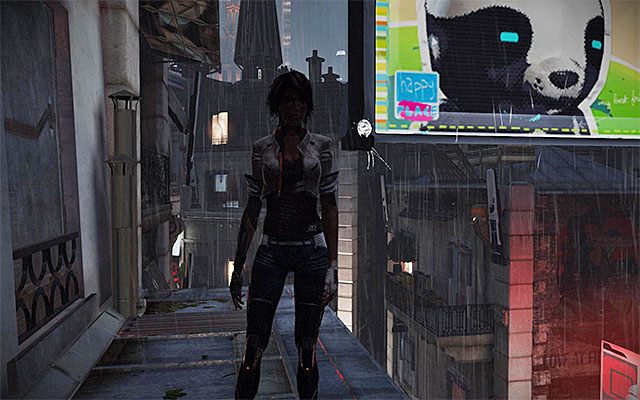 Przesuwaj się tu cały czas w prawo, zatrzymując się dopiero w miejscu, w którym Nilin będzie mogła zeskoczyć na znajdujący się pod nią niewielki fragment dachu - Przeprawa przez zalaną dzielnicę | Epizod 5 w Remember Me - Remember Me - poradnik do gry