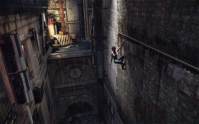 Powróć na dół, ponownie złap się gzymsów i teraz zacznij już poprawnie przemieszczać się w lewo - Przeprawa przez zalaną dzielnicę | Epizod 5 w Remember Me - Remember Me - poradnik do gry