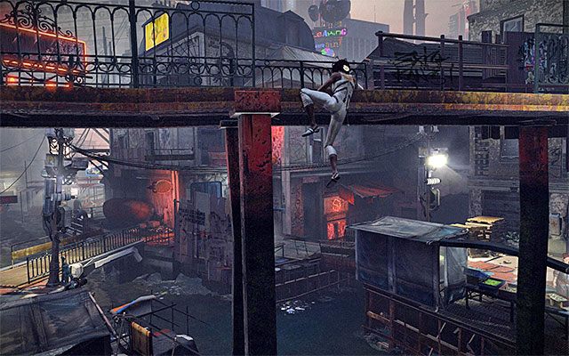 Zaczekaj na odblokowanie znajdującego się przed Tobą przejścia i doskocz do krawędzi zlokalizowanej pod jednym z billboardów - Dotarcie w okolice baru Tommyego (część 2) | Epizod 1 w Remember Me - Remember Me - poradnik do gry