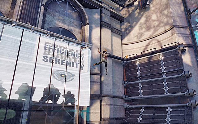 Zaczekaj teraz aż prawe paski billboardu przestaną się obracać i wyrusz w prawo, koniecznie pomagając sobie przytrzymywaniem przycisku odpowiedzialnego za przyśpieszenie procesu przemieszczania się po krawędziach - Dotarcie na dach budynku | Epizod 2 w Remember Me - Remember Me - poradnik do gry