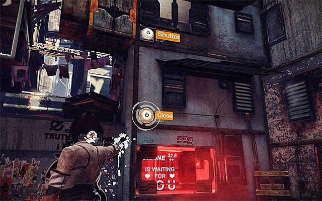 Po zakończonych walkach zlokalizuj interaktywny ekran oraz dwie zasłony, które możesz opuścić dzięki wykorzystaniu Spammera - Przeprawa przez pierwszą część slumsów | Epizod 3 w Remember Me - Remember Me - poradnik do gry