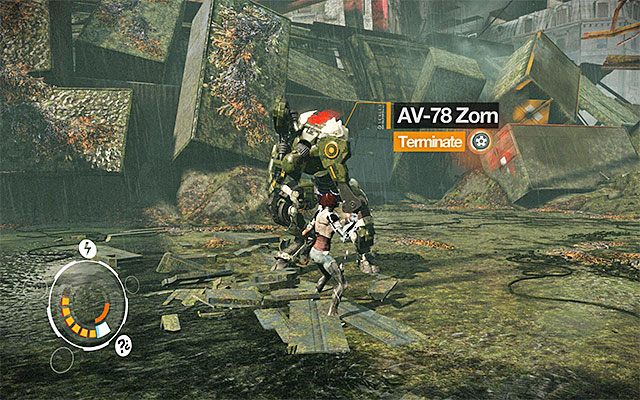 Jeżeli w dobrym momencie odpaliłeś atak Junk Bolt to robot zatrzyma się w miejscu i pojawi się informacja o możliwości wykonania egzekucji (Terminate - powyższy screen) - Pojedynek z bossem - AV-78 Zorn | Epizod 3 w Remember Me - Remember Me - poradnik do gry