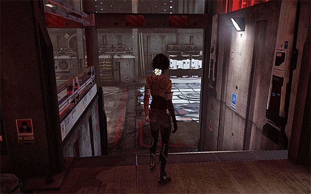 Dopiero teraz wybierz oświetlony na czerwono korytarz prowadzący do sal przesłuchań (Interrogation Rooms) - Dotarcie do sali przesłuchań | Epizod 4 w Remember Me - Remember Me - poradnik do gry