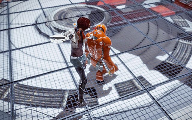 Po tym jak latający robot zostanie trafiony załączy na kilka chwil osłonę, ale akurat ci to nie przeszkodzi, bo i tak musisz zaczekać na regenerację paska energii Spammera - Dotarcie do sali przesłuchań | Epizod 4 w Remember Me - Remember Me - poradnik do gry