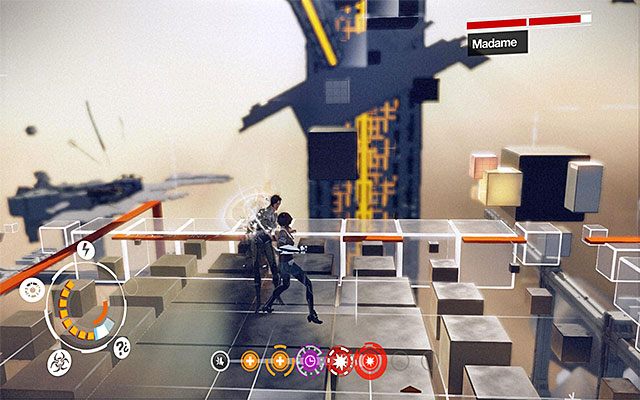 Za każdym razem gdy Madame wyląduje na arenie podbiegaj do niej, rozpoczynając wyprowadzanie standardowych ciosów lub tych gwarantowanych przez furię Sensen - Pojedynek z bossem - Madame | Epizod 4 w Remember Me - Remember Me - poradnik do gry