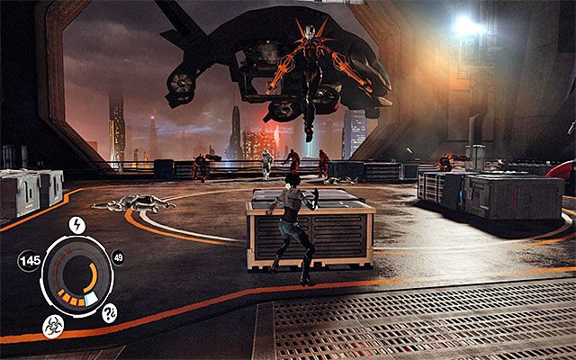 Nie licz oczywiście na to, że pozbycie się pierwszej grupy przeciwników załatwi sprawę, bo wrogi statek powietrzy wkrótce przetransportuje w to miejsce kolejnych wrogów - Podróż windą towarową | Epizod 7 w Remember Me - Remember Me - poradnik do gry