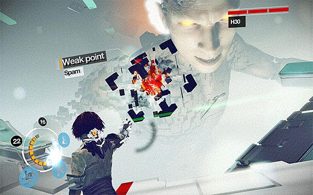 W przerwach pomiędzy nalotami namierzaj osłabiony punkt (Weak Point) i używaj Spammera do jego stopniowego niszczenia - Pojedynek z bossem - H3O - pierwsza część | Epizod 8 w Remember Me - Remember Me - poradnik do gry