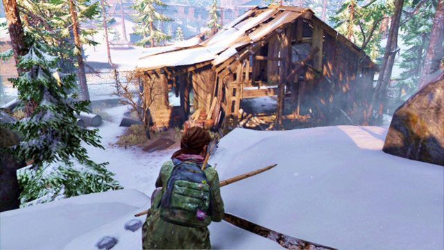 Po przejściu przez drewniane ogrodzenie trafisz do zrujnowanego budynku - Polowanie | Kurort nad jeziorem | Solucja The Last of Us - The Last of Us - poradnik do gry