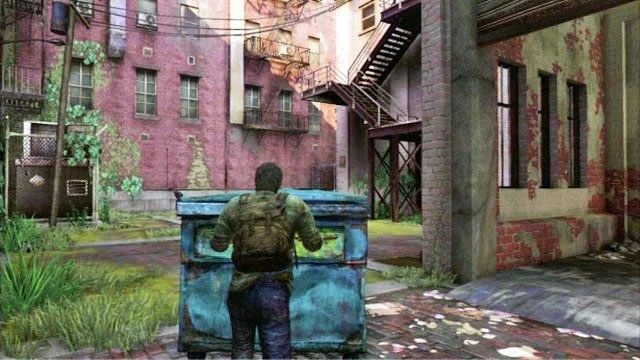 Aby dostać się na schody przeciwpożarowe, odszukaj stojący niedaleko kontener i przysuń go pod stopnie (trójkąt) - Ładunek (mapa) | Prolog i Strefa kwarantanny | Solucja The Last of Us - The Last of Us - poradnik do gry