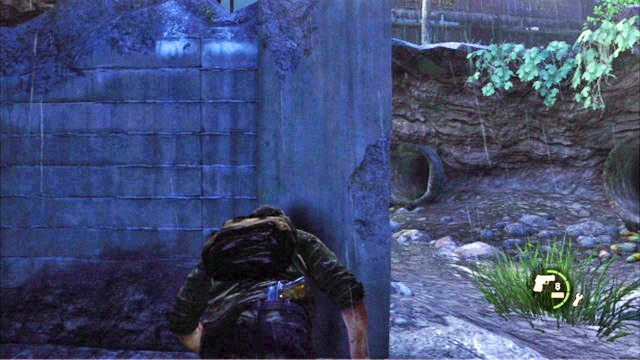 Teraz musisz podążać za Tess, cały czas chowając się przed światłami reflektorów - Na zewnątrz | Peryferia | Solucja The Last of Us - The Last of Us - poradnik do gry