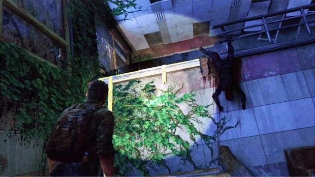Idąc dalej w lewo, dojdziesz do wysokiej ściany z wiszącym na niej trupem - Śródmieście (mapa) | Peryferia | Solucja The Last of Us - The Last of Us - poradnik do gry