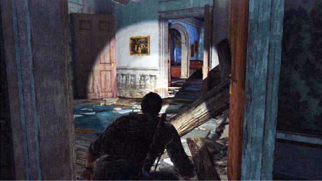 Wciskając trójkąt umożliwisz Tess i Ellie przedostanie się na drugą stronę, ale sam nie zdołasz tego zrobić - Muzeum | Peryferia | Solucja The Last of Us - The Last of Us - poradnik do gry