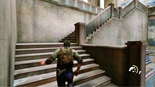 Gdy animacja dobiegnie końca, wejdź szybko po schodach z lewej, a następnie idź cały czas w prawo - Budynek ratusza (mapa) | Peryferia | Solucja The Last of Us - The Last of Us - poradnik do gry