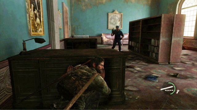 Gdy trzeci padnie martwy, skieruj się dalej w prawo i zabij mężczyznę przechadzającego się miedzy szafkami - Budynek ratusza (mapa) | Peryferia | Solucja The Last of Us - The Last of Us - poradnik do gry