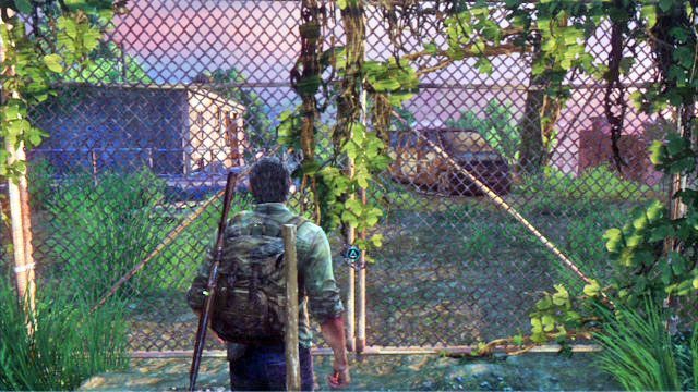 Gdy dotrzesz do płotu z murem kolczastym, spróbuj otworzyć bramę, a następnie idź w lewo - Las | Miasteczko Billa | Solucja The Last of Us - The Last of Us - poradnik do gry