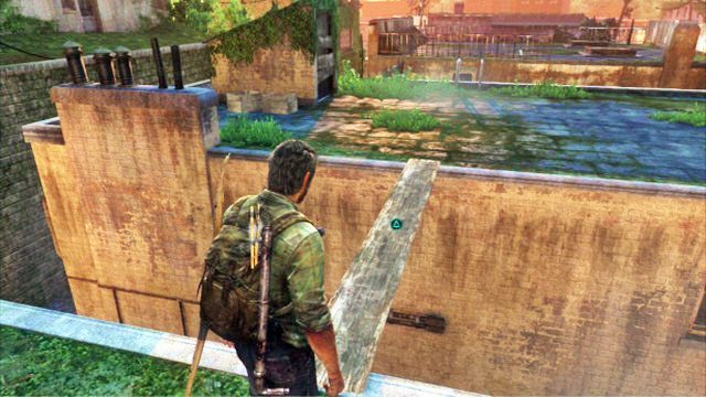 Będziesz mógł wtedy wejść po drabinie, zabrać deskę i przerzucić ją dach drugiego budynku - Las | Miasteczko Billa | Solucja The Last of Us - The Last of Us - poradnik do gry