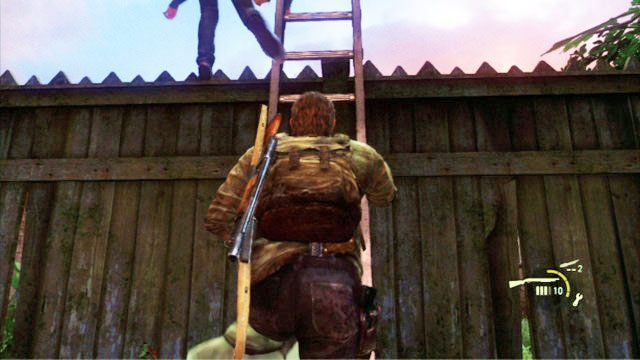 Po wydostaniu się na zewnątrz cały czas biegnij za Billem, aż do opartej o płot drabiny - Ucieczka z budynku szkoły (mapa) | Miasteczko Billa | Solucja The Last of Us - The Last of Us - poradnik do gry