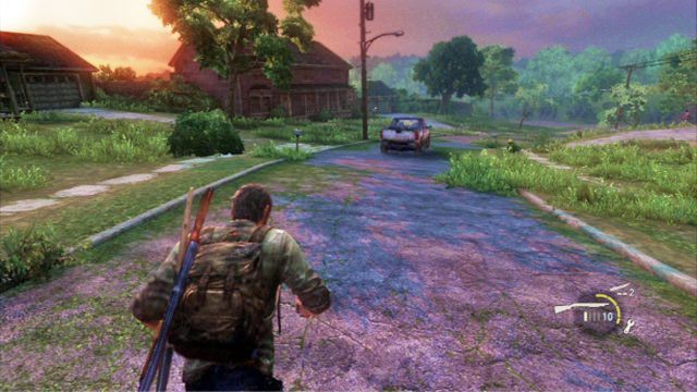 Po tym jak samochód zjedzie ze wzgórza, podbiegnij do niego i opędzając się przez chwilę od pozostałych wrogów, wskocz na przyczepę (trójkąt) - Ucieczka z budynku szkoły (mapa) | Miasteczko Billa | Solucja The Last of Us - The Last of Us - poradnik do gry