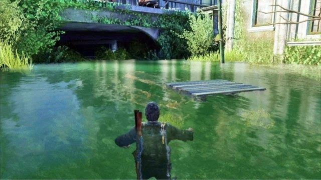 Po jej zakończeniu wejdź do wody i płyń przed siebie, aż zobaczysz dryfującą drewnianą paletę - Samotna i porzucona (mapa) | Pittsburgh | Solucja The Last of Us - The Last of Us - poradnik do gry