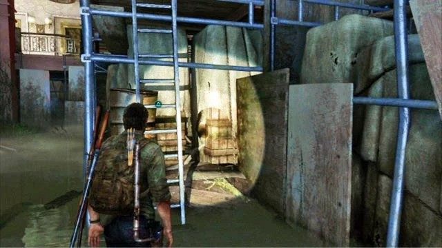 Jak znajdziesz się wewnątrz budynku, chwyć drabinę opartą o filar z prawej i podstaw ją pod wskazaną przez Ellie ścianę - Hotelowy hol (mapa) | Pittsburgh | Solucja The Last of Us - The Last of Us - poradnik do gry