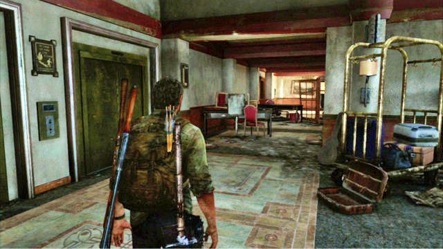 Zeskocz tam na dół, a następnie biegnij cały czas prosto, przeszukując mijane pomieszczenia - Hotelowy hol (mapa) | Pittsburgh | Solucja The Last of Us - The Last of Us - poradnik do gry