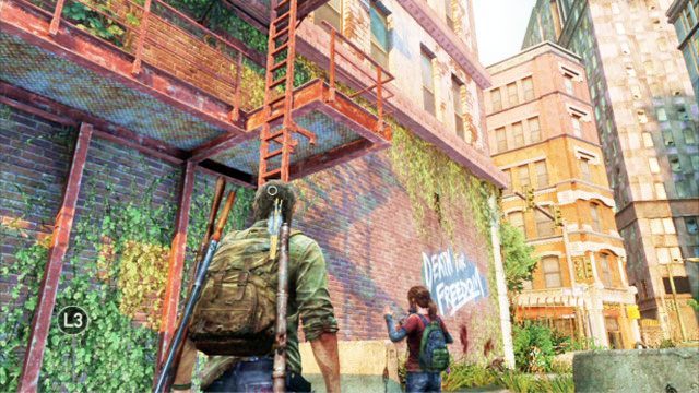 Aby iść dalej, podejdź do schodów przeciwpożarowych obok czołgu i podsadź na nie Ellie - Dzielnica biznesowa | Pittsburgh | Solucja The Last of Us - The Last of Us - poradnik do gry