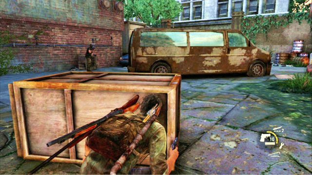 Aby pozbyć się ich po cichu, poczekaj, aż wróg z prawej zacznie się oddalać, a następnie przekradnij się za ścianę po prawej - Ucieczka z miasta | Pittsburgh | Solucja The Last of Us - The Last of Us - poradnik do gry