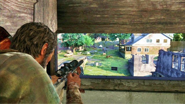 Będziesz musiał teraz osłaniać atakowanych przez bandytów towarzyszy - Przedmieścia | Solucja The Last of Us - The Last of Us - poradnik do gry