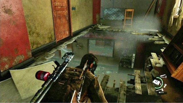 Wdrap się na piętro budynku i dobrze je przeszukaj, a następnie wskocz w dużą dziurę w podłodze - Do boju, Big Horns! | Uniwersytet | Solucja The Last of Us - The Last of Us - poradnik do gry
