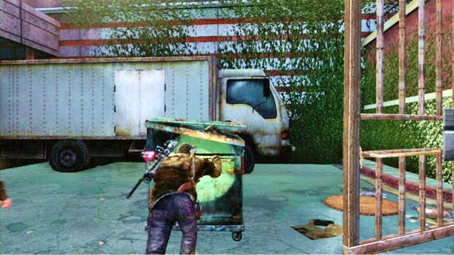 Gdy przejście zostanie odblokowane, musisz podsunąć pojemnik do ciężarówki z prawej, a następnie wdrapać się na górę i wejść do budynku przez dziurę w ścianie - Do boju, Big Horns! | Uniwersytet | Solucja The Last of Us - The Last of Us - poradnik do gry