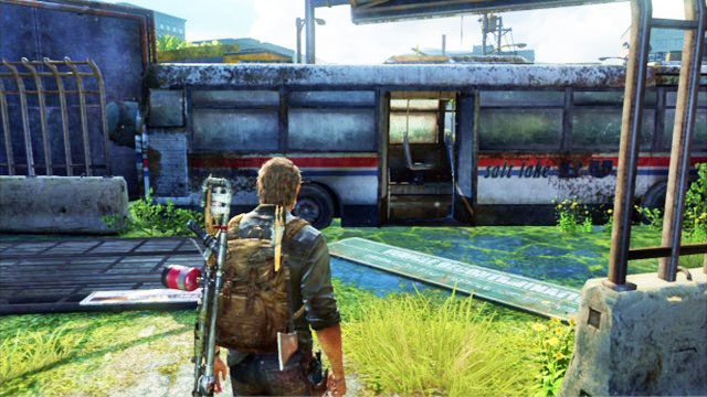 Jak skończysz poszukiwania przedmiotów, udaj się na prawy kraniec lokacji i przejdź przez zniszczony autobus - Autostrada | Zajezdnia | Solucja The Last of Us - The Last of Us - poradnik do gry