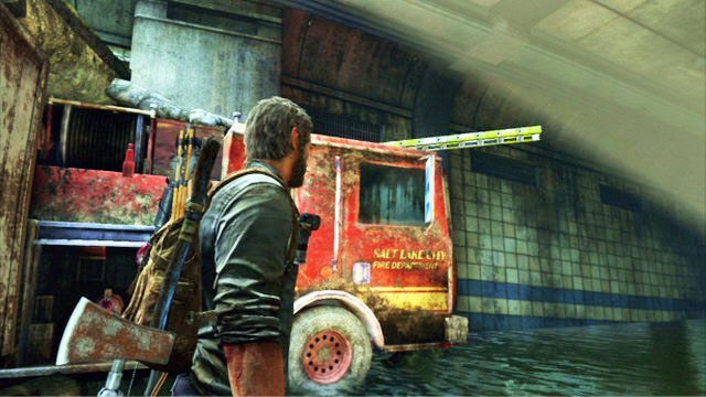 Dalej biegnij cały czas prosto, aż do samochodu straży pożarnej - Tunel (mapa) | Zajezdnia | Solucja The Last of Us - The Last of Us - poradnik do gry