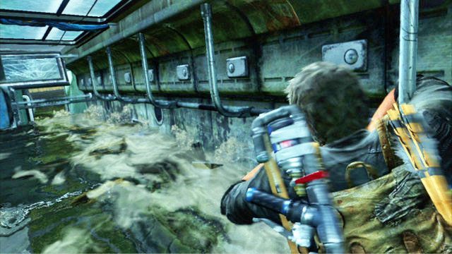 Będziesz musiał wtedy chwytać się barierek z prawej, żeby dotrzeć do wyjścia (trójkąt) - Tunel (mapa) | Zajezdnia | Solucja The Last of Us - The Last of Us - poradnik do gry