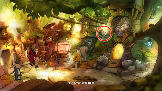 Przemierzając świat gry nie musisz czekać aż postać uda się do przejścia do kolejnej lokacji - kliknij na owym przejściu (kursor pojawi się w formie strzałki) dwa razy lewym przyciskiem myszy, a postać przemieści się do następnej lokacji błyskawicznie - Porady wstępne | Elementy gry The Night of the Rabbit - The Night of the Rabbit - poradnik do gry