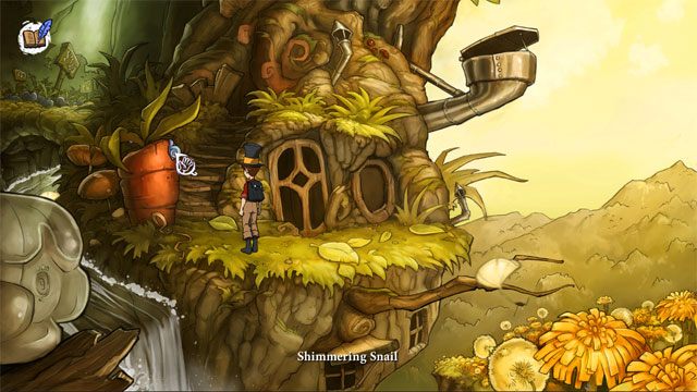 Liściołódź spadnie z wodospadu, ale Jerzyk wskoczy na drzewo odzyskując przy okazji srebrną łyżeczkę do cukru oraz zaostrzony hak - Wyprawa z Łazikiem | Solucja The Night of the Rabbit - The Night of the Rabbit - poradnik do gry