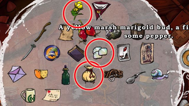 Do przyrządzenia lekarstwa potrzeba: jasnożółty płatek kaczeńca, indyjski biały pieprz oraz świecącą rybią łuskę - Wyprawa z Łazikiem | Solucja The Night of the Rabbit - The Night of the Rabbit - poradnik do gry