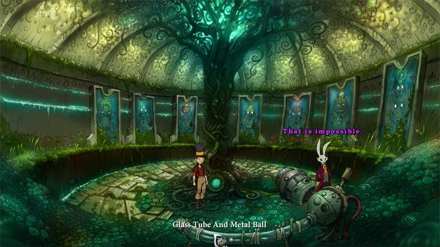 Natomiast na szklanej rurze i metalowej kuli u dołu ekranu użyj kobalt krasnala, a uzyskasz metalową kulę - Wyprawa z Łazikiem | Solucja The Night of the Rabbit - The Night of the Rabbit - poradnik do gry