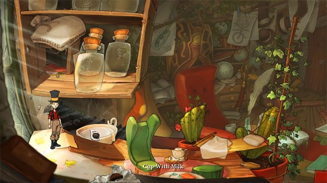 Użyj pustej beczki z niebieskim sokiem na filiżance z mlekiem, a zdobędziesz beczkę mleka - Wyprawa z Łazikiem | Solucja The Night of the Rabbit - The Night of the Rabbit - poradnik do gry