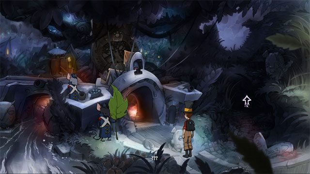 Wyjdź z miasta przed mury miejskie, a następnie powróć do drzewa gdzie wyszedłeś z portalu - przejście do niego jest obok murów - Cztery portale - zaklęcia skałoszept i zielorost | Solucja - The Night of the Rabbit - poradnik do gry