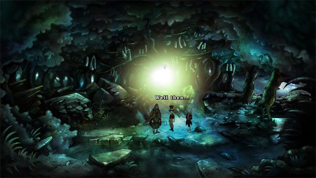 Przed drzewem będzie już na ciebie czekać królik i mag - Cztery portale - zaklęcia skałoszept i zielorost | Solucja - The Night of the Rabbit - poradnik do gry